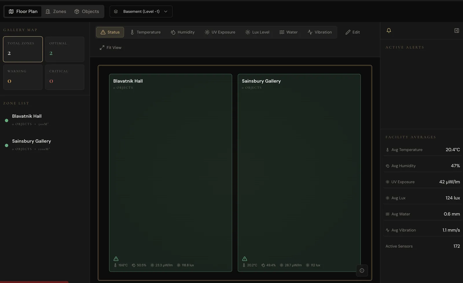 CUR8.Art — interactive floorplan with zone status, sensor overlays, and facility averages