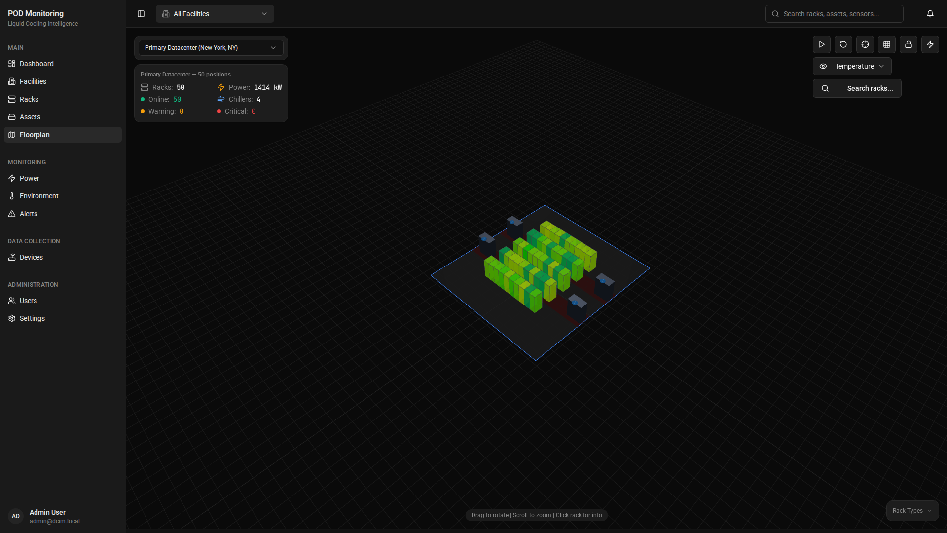 POD Liquid Monitoring — 3D data hall floorplan with heat-mapped racks